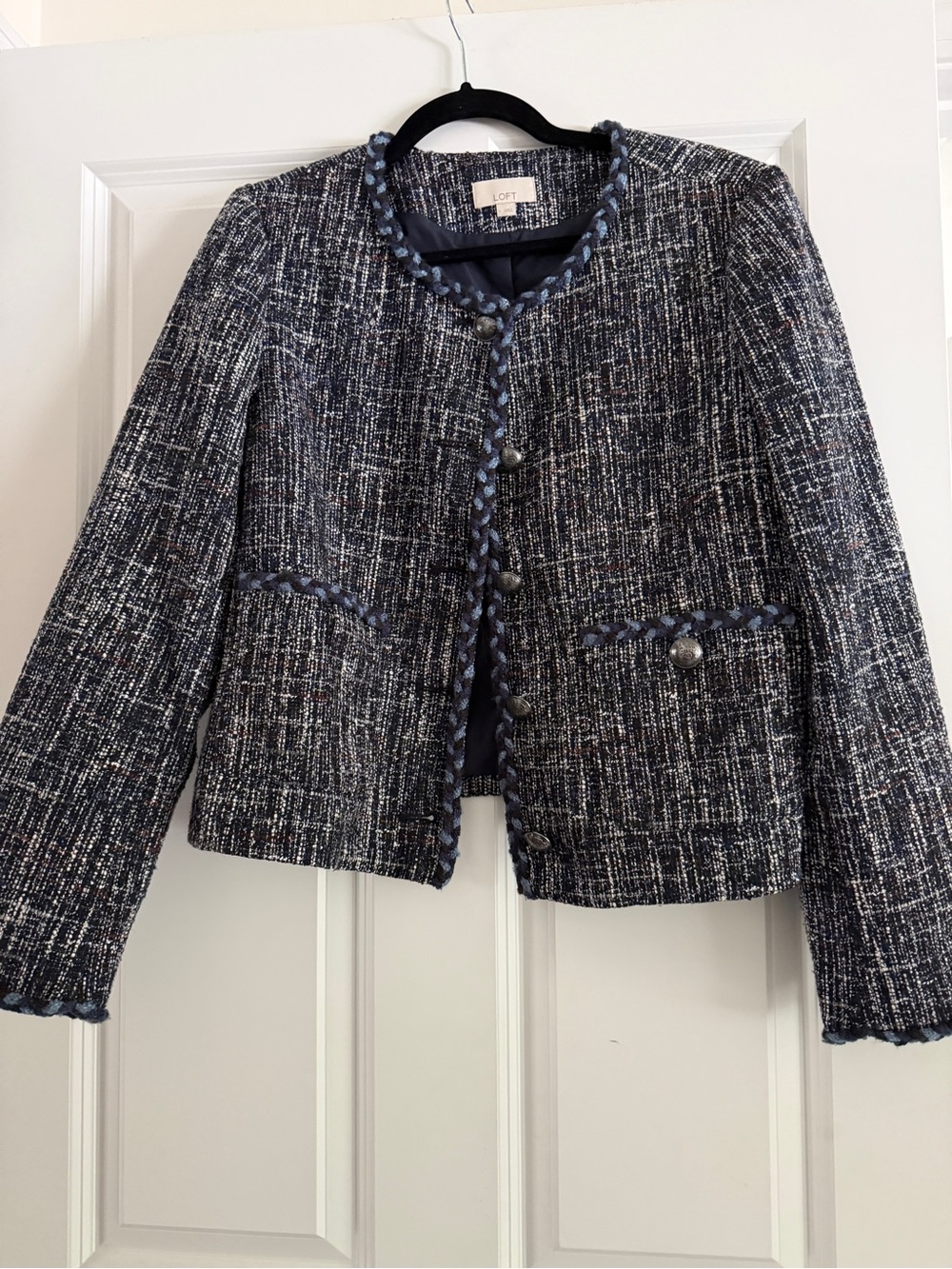 LOFT Navy and White Tweed Braided-Trim Jacket